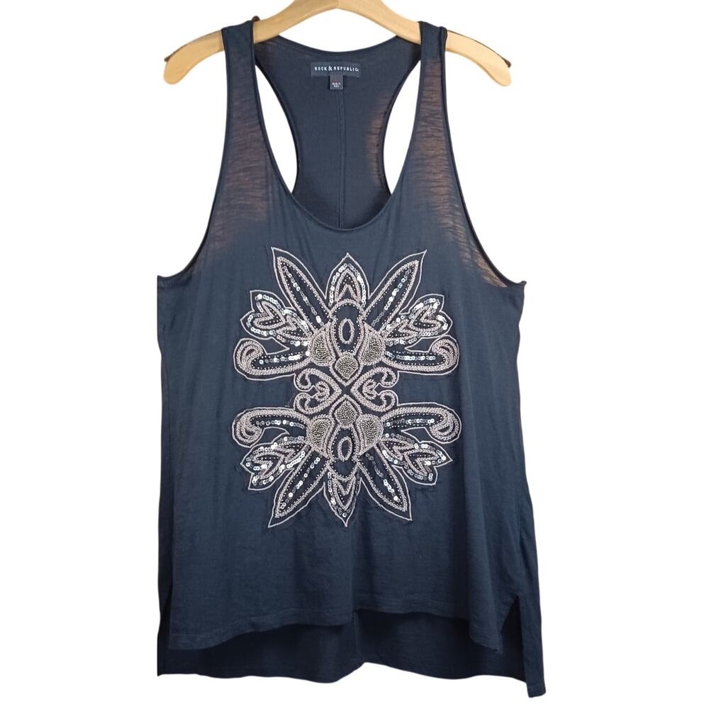 Rock & Republic Sz Large Black Sequin Beaded Racerback Tank Top Embellished Y2K - Picture 4 of 9